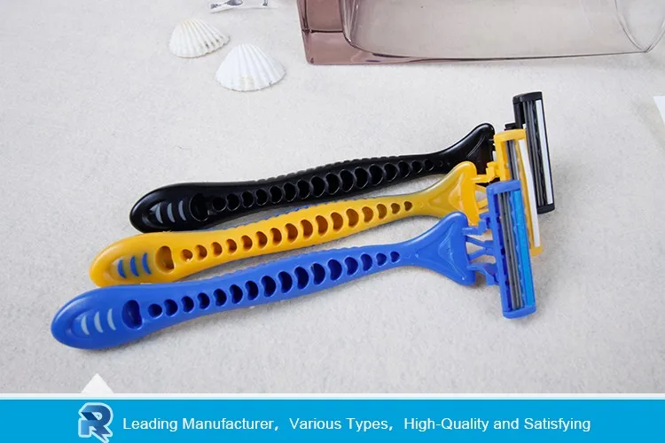 Three Color Pivoting Head Nonslip Handle Triple Blade Mens Razor With Shaving Cream