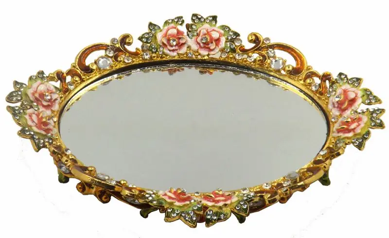 High quality new design zinc alloy gold glass decorative jewelry mirror serving tray