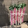 Customized lfb757 pink cream mix color silk long wisteria chandelier flower with grid stand for wedding ceiling decoration