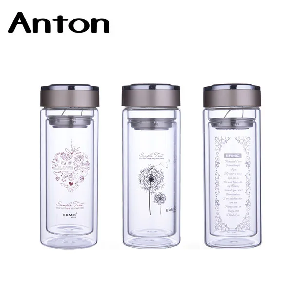 10 oz Double-wall Borosilicate Glass Drinking Water Bottle Tea Thumbler With Aluminum Cap