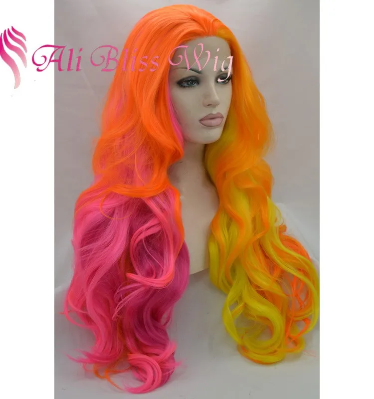 22 Inch Fashion Long Wavy Heat Resistant Ombre Orange Rose Yellow Cosplay Synthetic Lace Front
