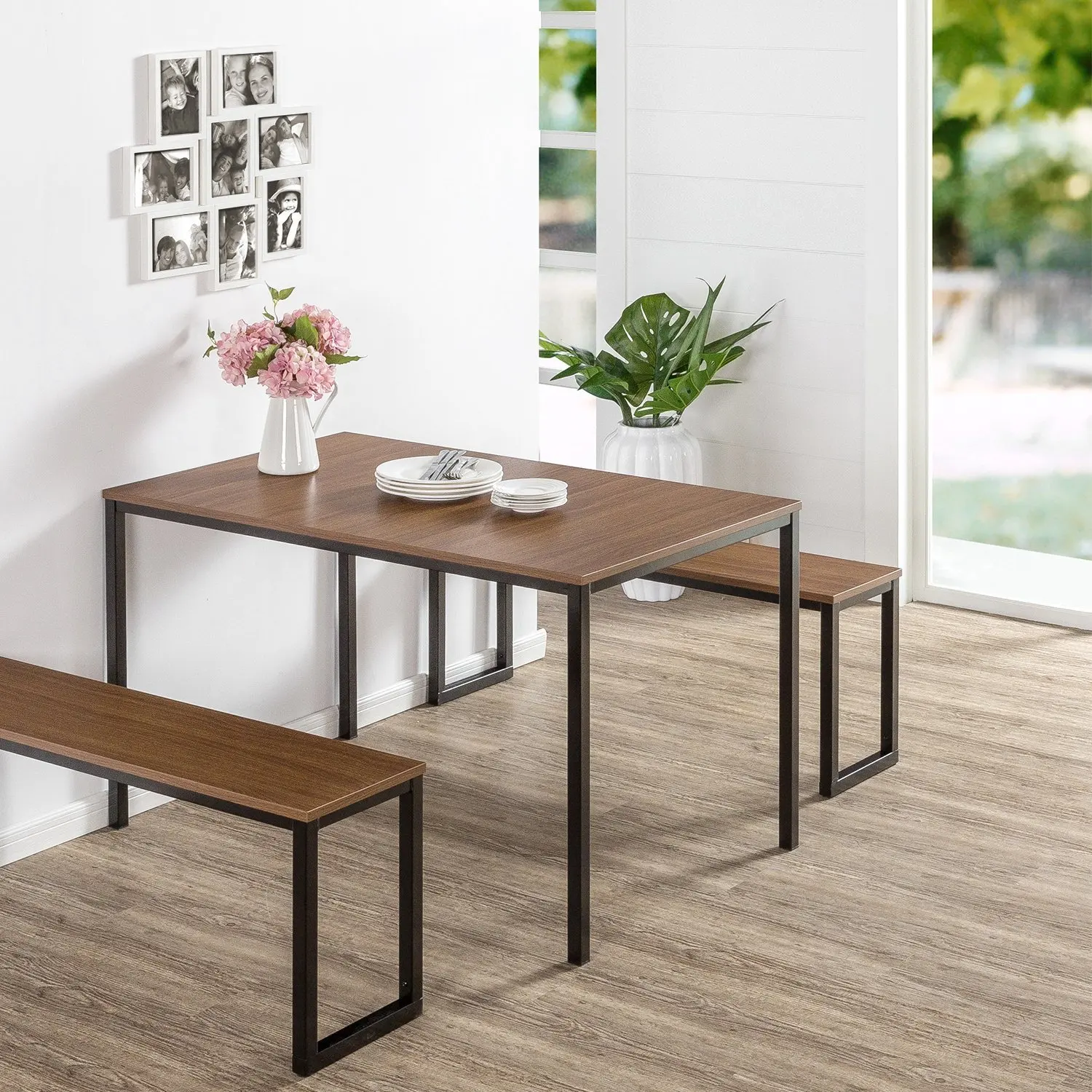 Modern Style Dining Table With Two Benches Set Wood Top Metal Leg - Buy