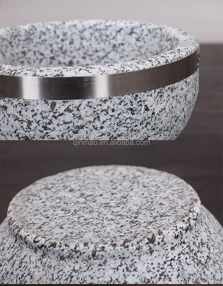Factory Wholesale Natural Granite Stone Bowl Pot With Wood Base Cooking Korean Cuisine Rice Soup