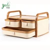 Mini 3 tiers 100% Natural Bamboo Wood Desk Storage Organizer for Desk with fabric drawer for Office Supplies, Toiletries, Crafts