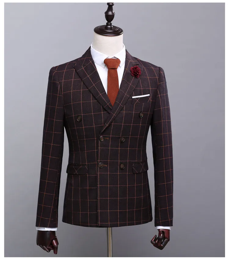 Customized Brown Wool Plaid Mans Wedding Suits Male Blazer Casual Wear ...