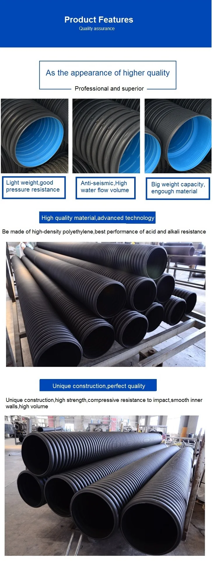 300mm Diameter Types Hdpe Double Wall Corrugated Plastic Drainage Pipes