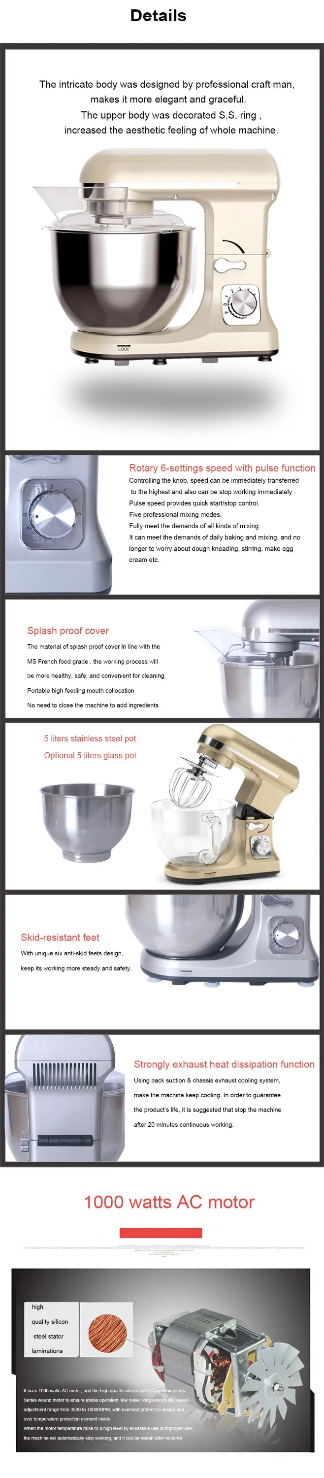 1000W Multi Function Table Top Stand Mixer with 5L glass bowl or 5L stainless steel bowl