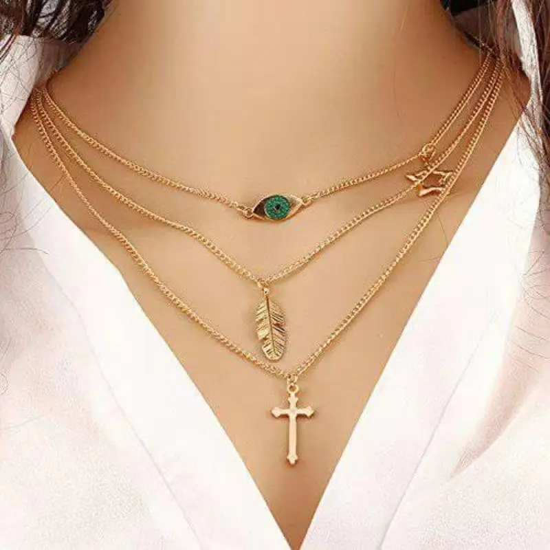 Multilayer 3 Layer 14k gold plated copper leaf Evil Eye jesus cross pendant necklace