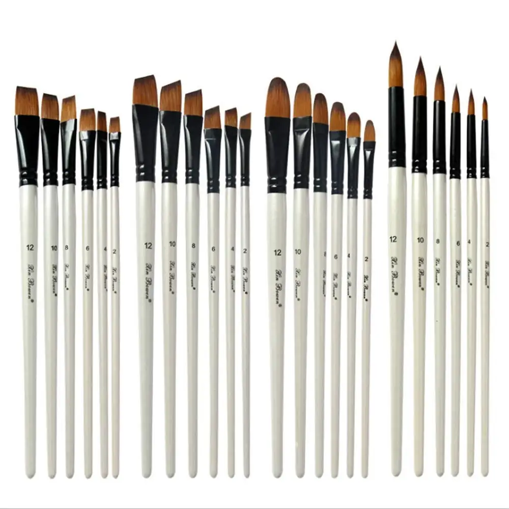 KSUNSEVEN White Color 24pcs/Set Professional Paint Brush 4 Different Tip Nylon Hair Wood Artist Painting Brush for Acrylic Watercolor Oil Painting Stationery Crafts Kids Gift