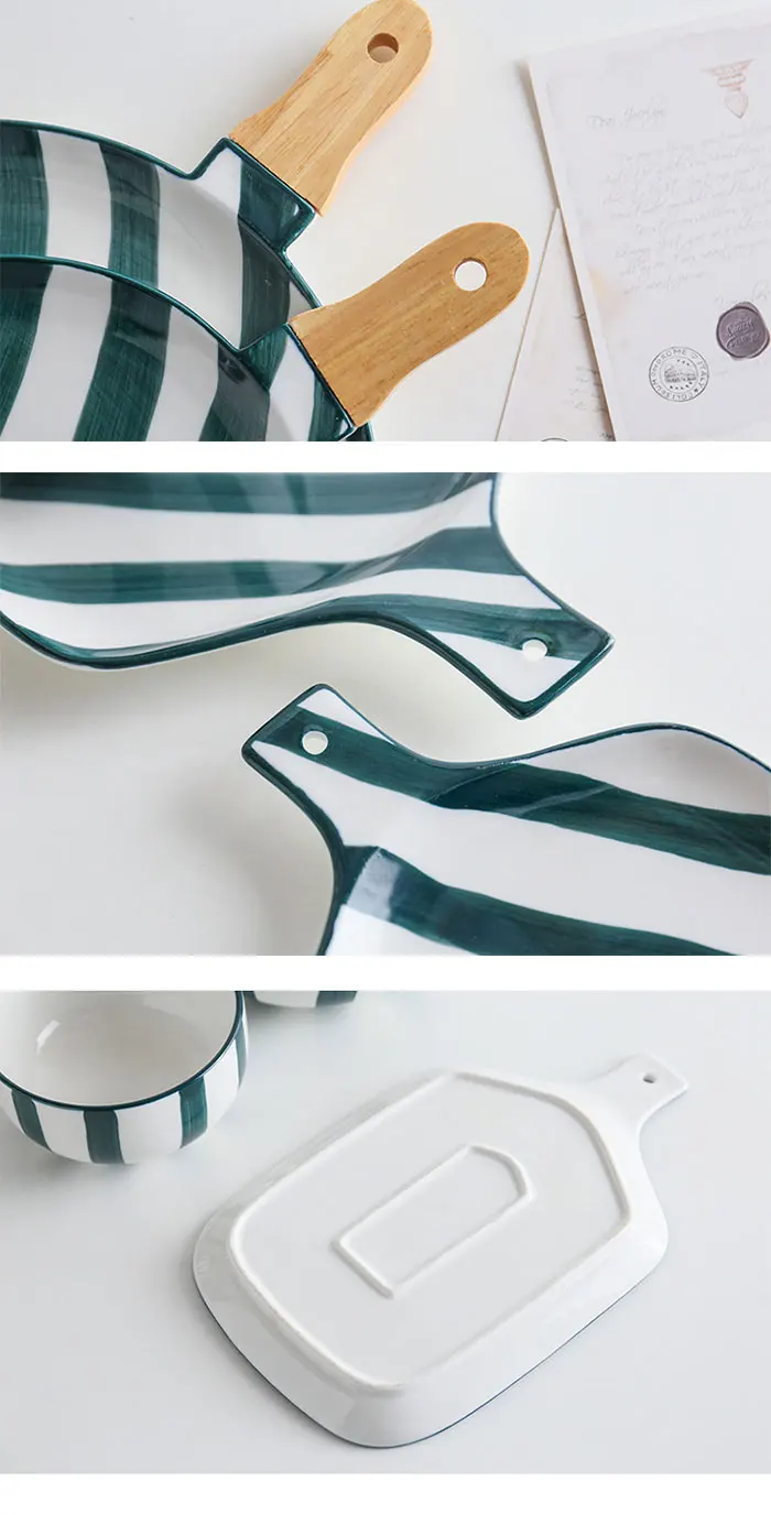 Green stripe series Nordic hand painted ceramic dinnerware Chinese and western plate set mug