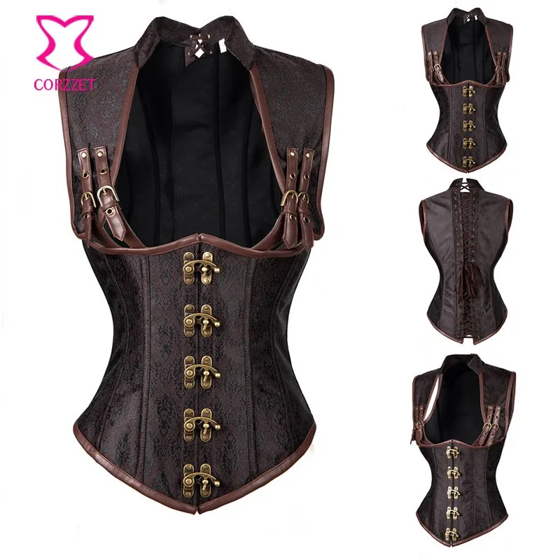 Vintage Brown Underbust Collared Cupless Steampunk Half Cup Bustier