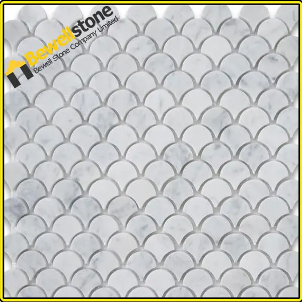 Carrara Marble Mosaic Tile Medium Fish Scale Fan Shaped Carrara Marble Mosaic Tile Medium Fish Scale Fan Shaped Tiles Honed