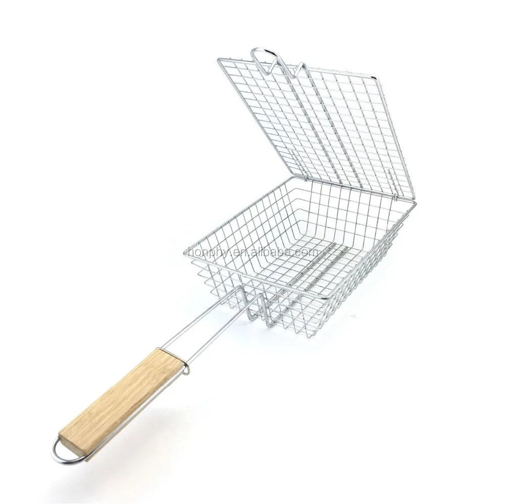 Barbecue Grilling Basket Grill Net Bbq Net Wooden Handle Steak Meat