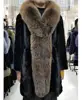 Winter Women Genuine Fluffy Fox Fur Collar Trim Mink Fur Coat with Draw String