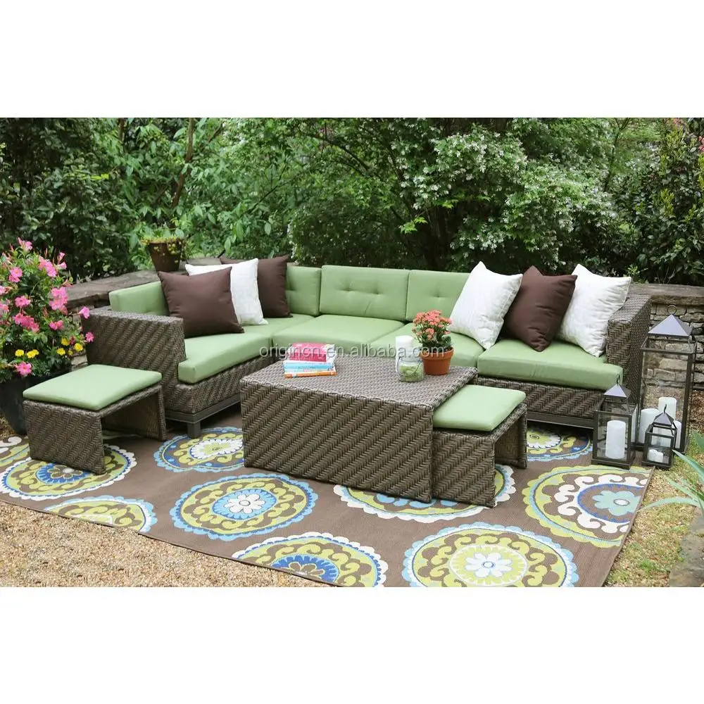 7 Seater Green/brown Color Combination Garden Set With Hidden Cushioned ...