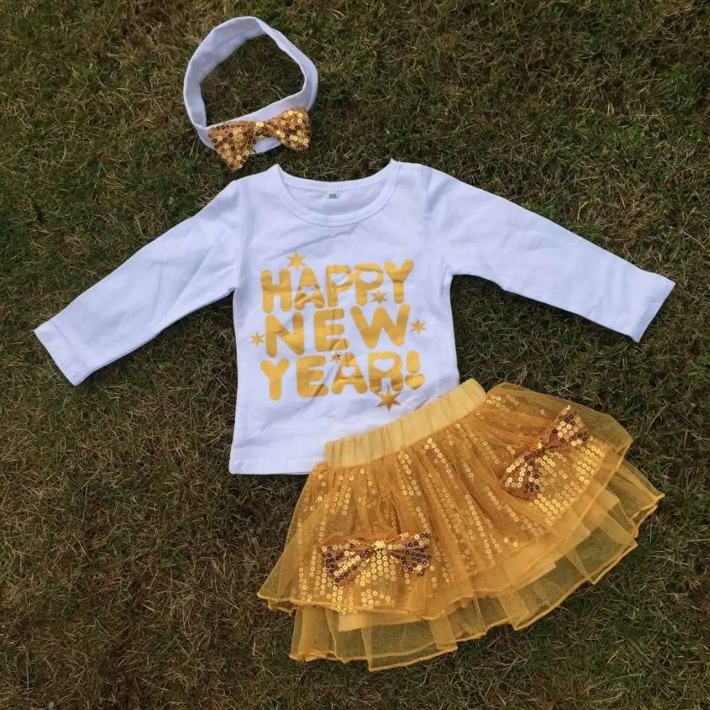 Pakaian Bayi Lengan Panjang Happy New Year Desain Top Payet Emas