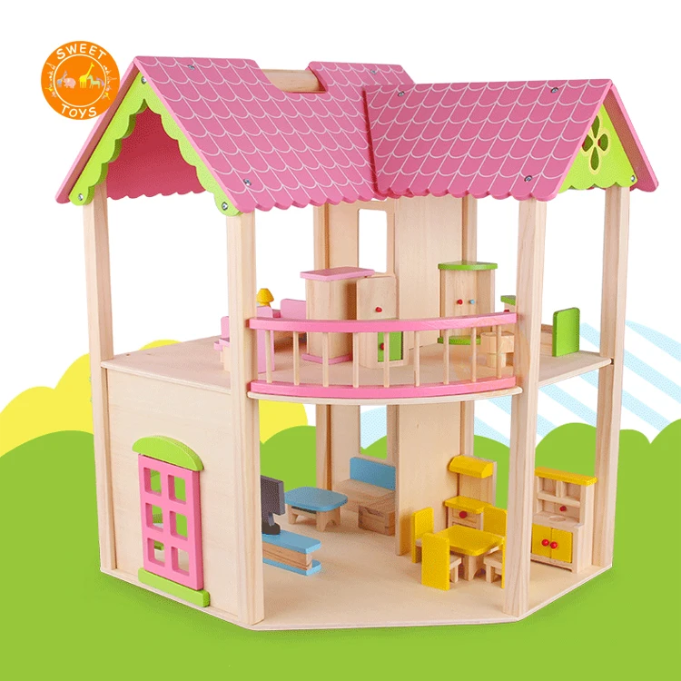 Kids Wooden Dollhouse Dolls House Furniture Fashion Family Funny