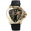 WINNER 052 Fashion Men Skeleton Auto Mechanical Watch Leather Strap Inverted Triangle Shaped Case Dial Cool Style Best Gift