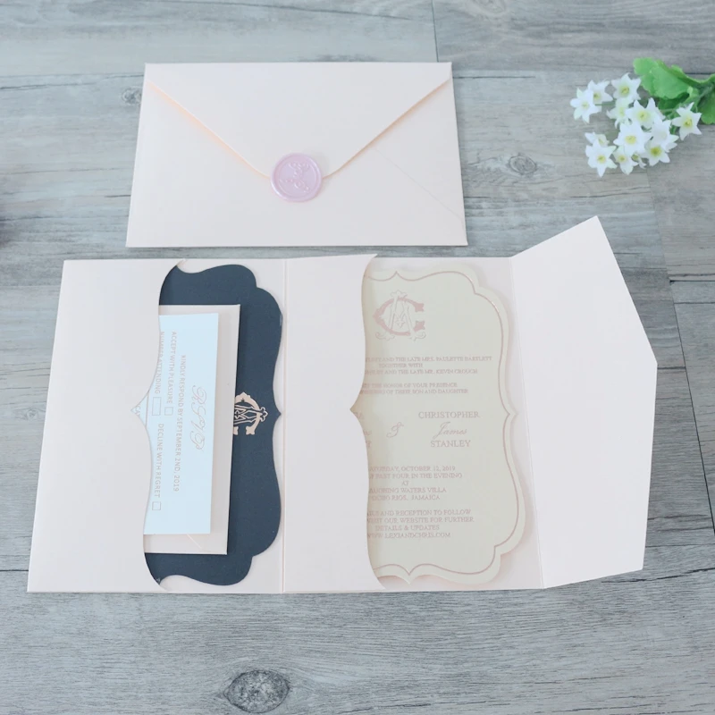 Pocket fold wallet invitations.Wedding CARDS Brown Pearl Pocketfold Invites 