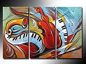 Ode-Rin Art Christmas Gift 100% Hand Painted on Canvas Abstract Creative Musical Instrument Paintings Wall Art Oil Painting 3-pieces Artwork for Living Room Home and Wall Decoration