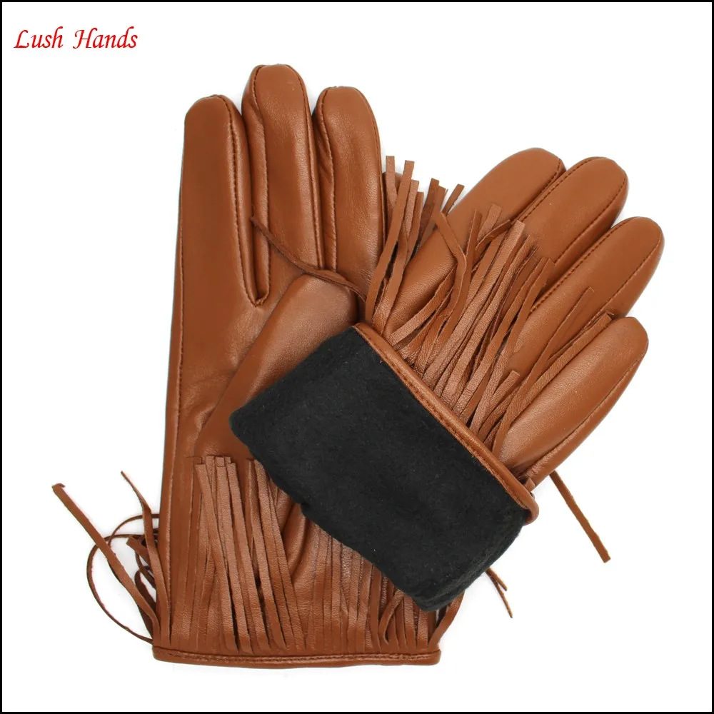 2016 fashion new style brown tassel ladies leather gloves lining polyester fur