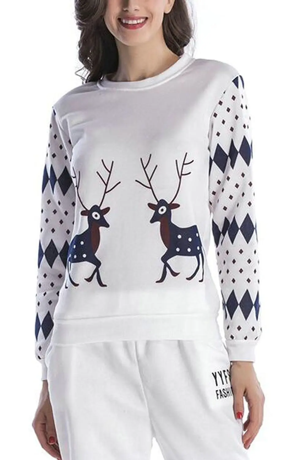 ONTBYB Womens Casual Christmas Elk Print Round Neck Long Sleeve Pullover Sweatshirt