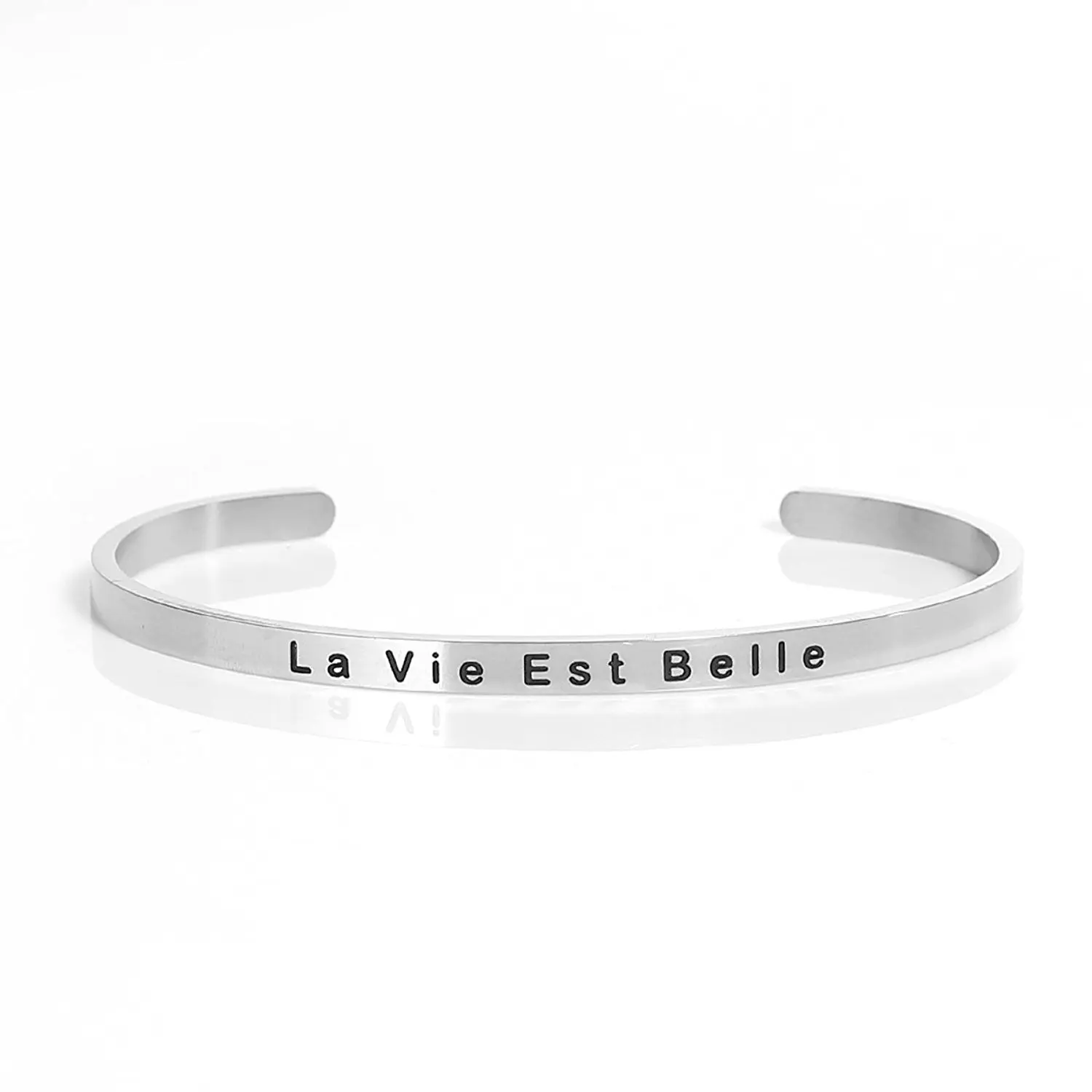 SEXY SPARKLES Stainless Steel La Vie Est Belle Life is Beautiful Positive Quotes Energy Open Cuff Bangle Bracelet 4745