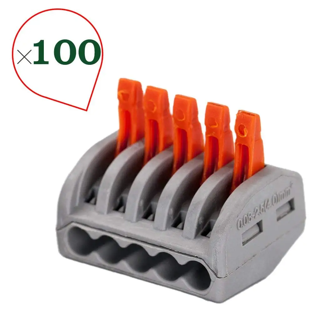 HIFROM 5 Port Lever-Nut Lever Conductor Compact Wire Connectors PCT-215 Terminal Block Wire Push Cable Connector for Junction Box (100 Pack, 5 Port)