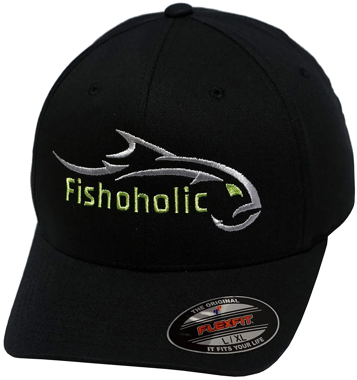 Fishoholic R Flexfit Black Baseball Fishing Hat w' Silver & GREEN Embroidery Front & Back. Great Gift. Fishaholic USPTO Registered Trademark. (FF-blk-SlvrGREEN-L/XL)