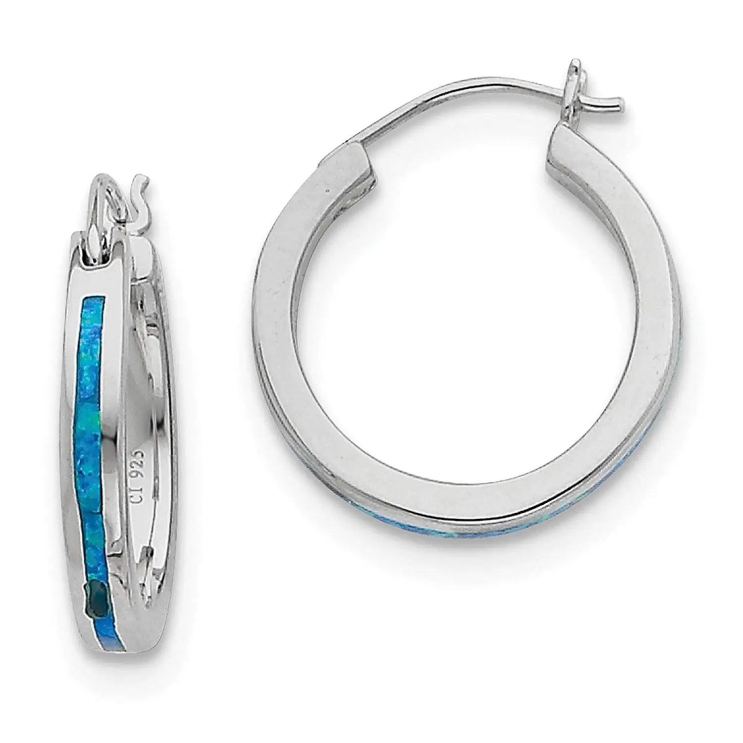 .925 Sterling Silver Blue Created-Opal Inlay Hoop Earrings