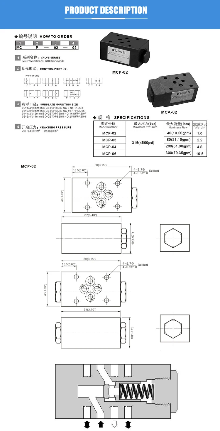 MCP 02 Yuken type hydraulic one way check flow control valve