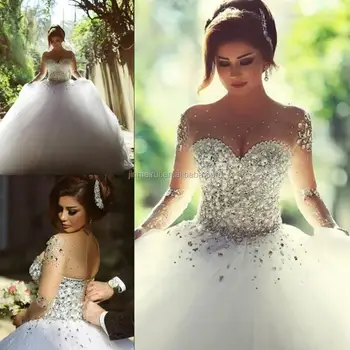 Long Sleeve Wedding Dresses With Rhinestones Crystals Major