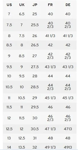 whitin shoes size chart