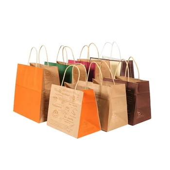 Stocked Printing Recycle Brown Kraft Grocery Takeaway Food Packaging Paper Bag For Take-away ...