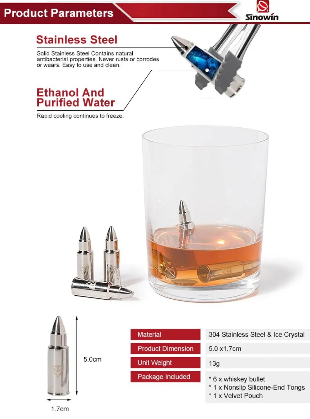 Whiskey Stones Flavored Ice Cubes Newest Design Stainless Steel Bullet