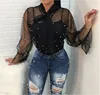 ZH2641G Pearl Mesh Sexy Womens Tops And Blouses 2018 Spring Shirt See Through Beading Ruffle Bow Long Sleeve Tie Blouse