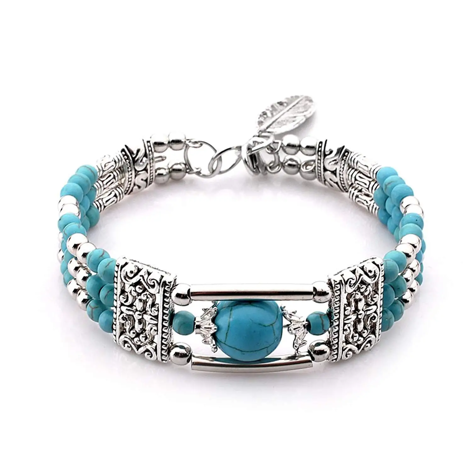 Vintage Turquoise Bead Bracelet with Leaf Charm Bohemia Style Antique Silver Bangle for Women Girls