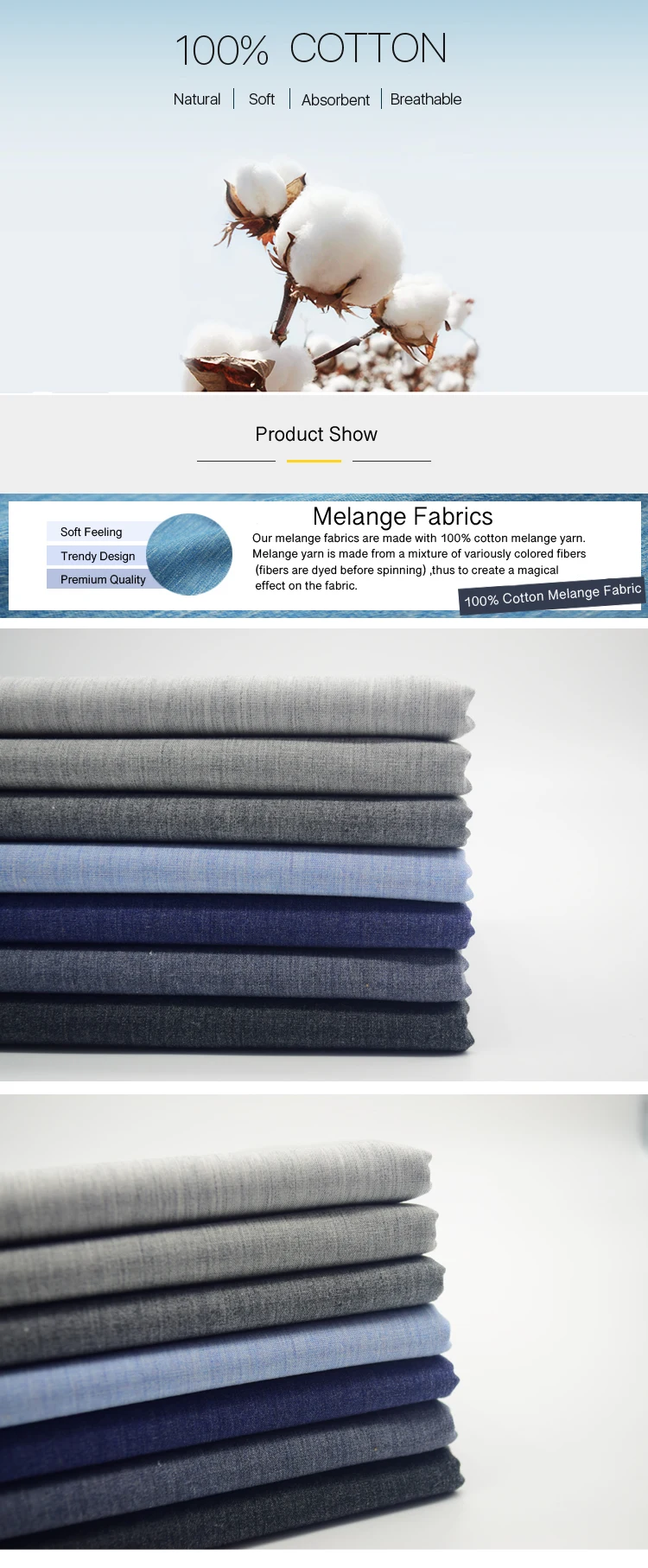 SKYGEN High Quality Woven Melange Plain Men Shirting Heather Grey Cotton Fabric