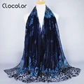 Clocolor Stylish Slik Scarves for Women Floral Embroidery Elegant Shawl Fashion Muslim Headscarf Vintage Scarves for