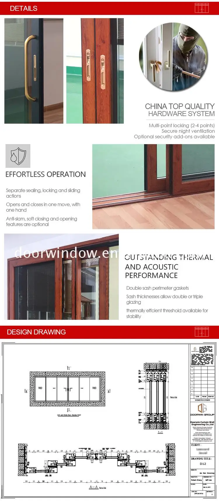 Doorwin sliding door-  Thermal break double safety glazing aluminum sliding doors triple glass aluminum lift sliding door