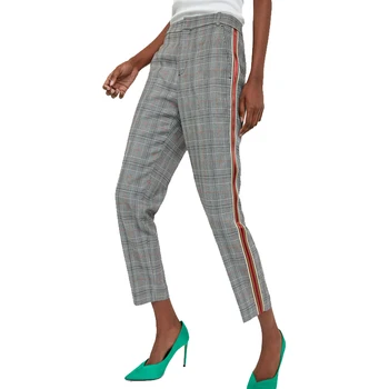 womens plaid pants with side stripe