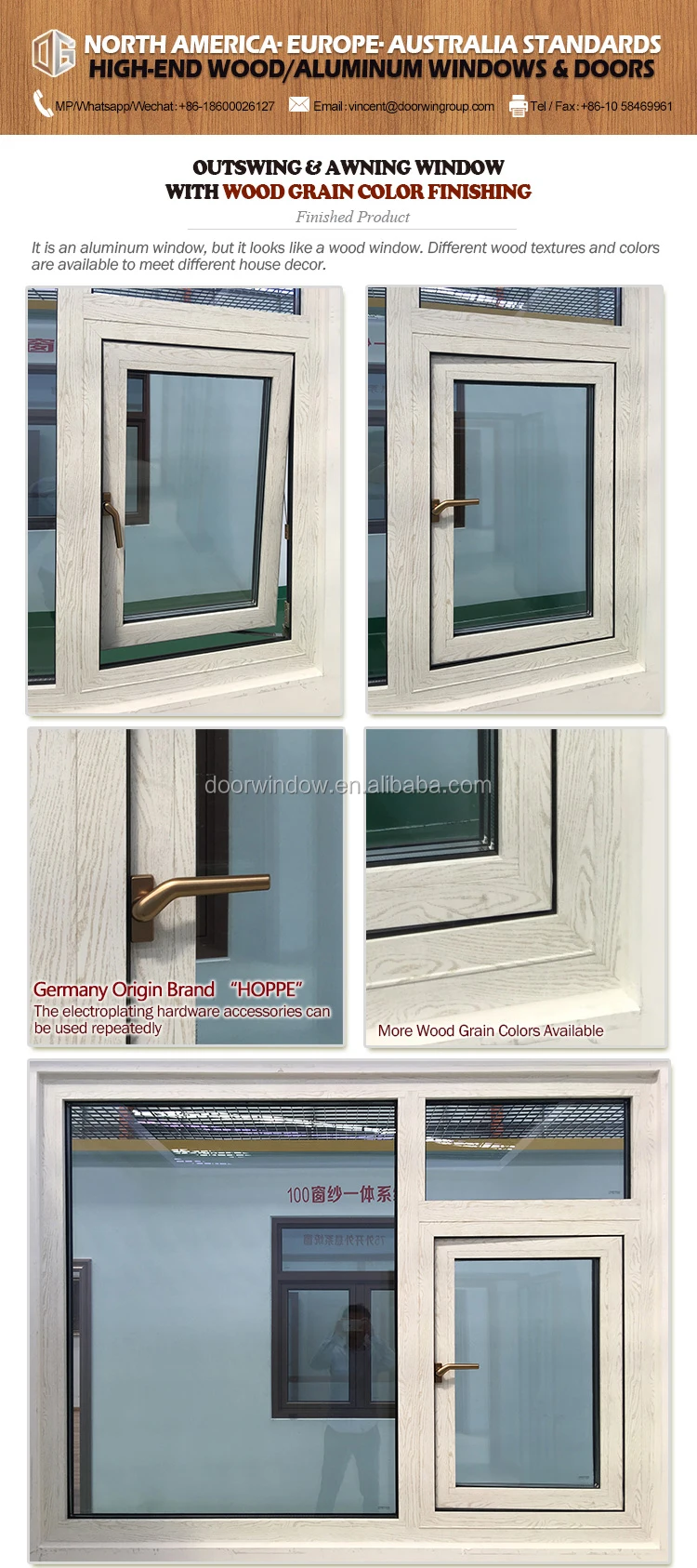 Wood grain color awning window aluminum casement windows