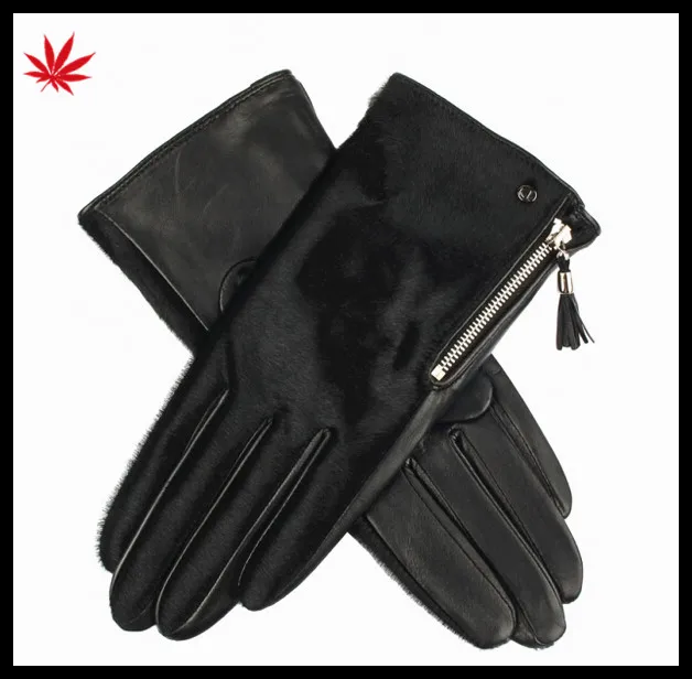 Lady's red horse hair Leather gloves with zipper
