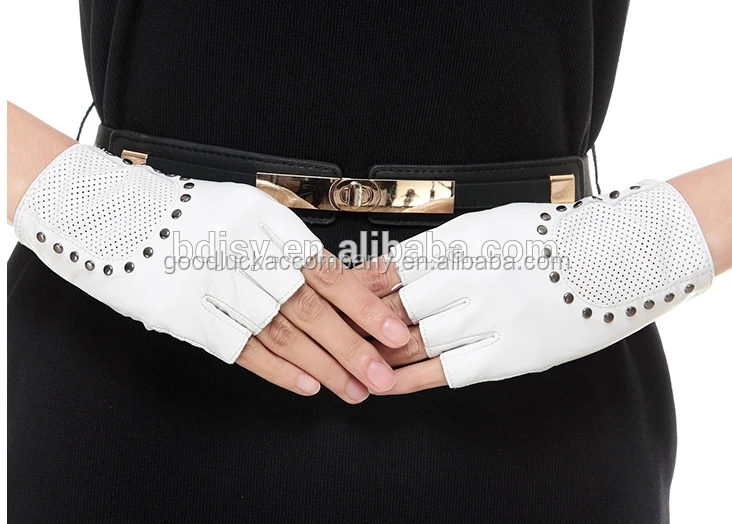 Ladies write fingerless leather gloves with studs