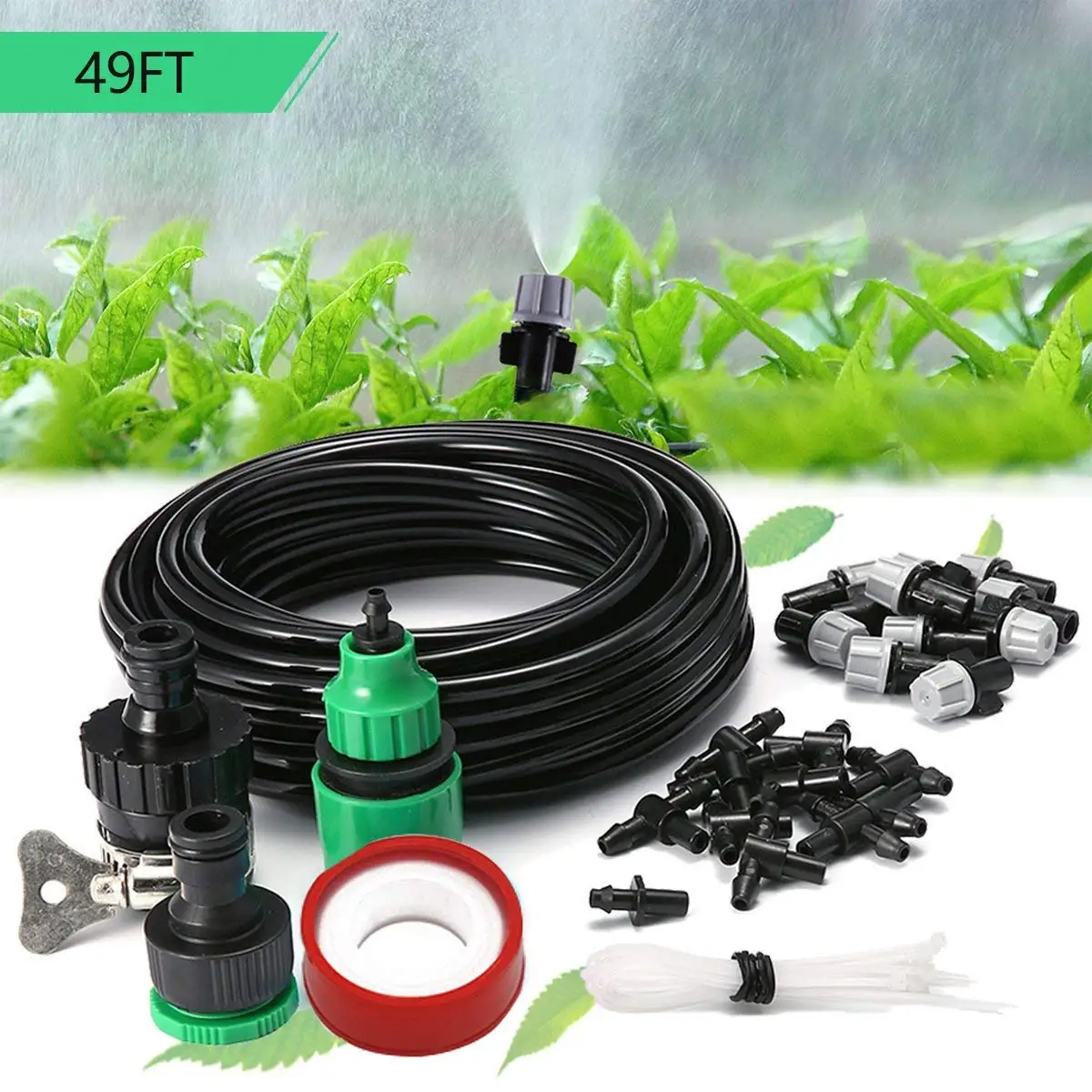 SIMERST 49FT/15m Home Garden Patio Misting Micro Flow Drip Irrigation Misting Cooling System with 10pcs Plastic Mist Nozzle Sprinkler for Plant Flower