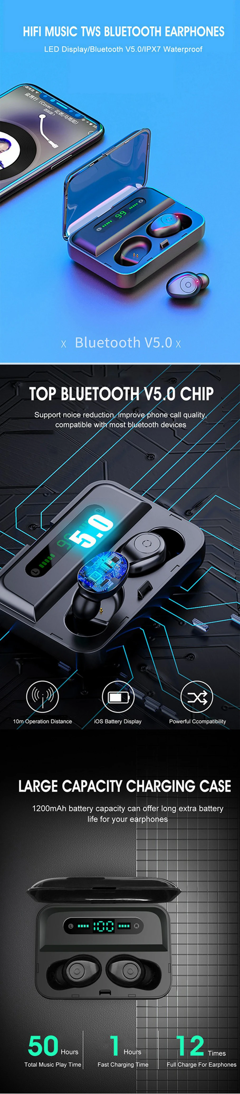 LED Display Mini Bluetooth Headsets Wireless Earbuds 5.0 IPX7 Waterproof Big LED Ear Phone TWS Earphones F9-5 - ANKUX.COM