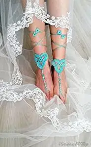 Green Beach Wedding Sandals,Wedding Accessory,Sexy Beach Sandals, Crochet Barefoot Sandals, Barefoot Sandals , Crochet Anklet, Sexy Lace Sandals,Beach,Wedding Footwear, Bridesmaid Sandals (Green-02)
