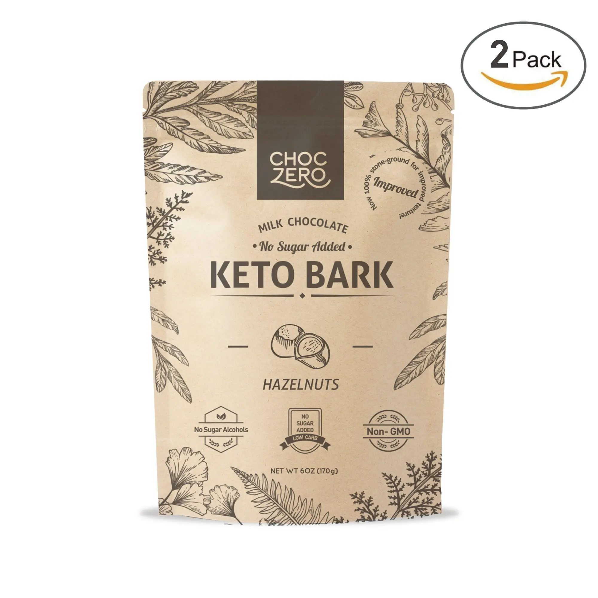 ChocZero's Keto Bark, Milk Chocolate Hazelnuts, 100% Stone-Ground, No Added Sugar, Low Carb, No Sugar Alcohols, Non-GMO (2 bags)