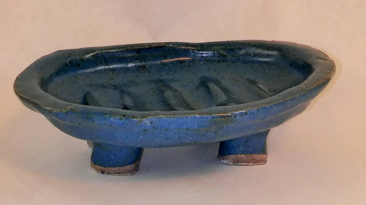 Aunt Chris' Pottery - Hand Made Clay - Primitive Style Counter Top Soap Dish - Primitive Matte Blue Glaze With Shiny Gloss Finish - With that Old Country Look