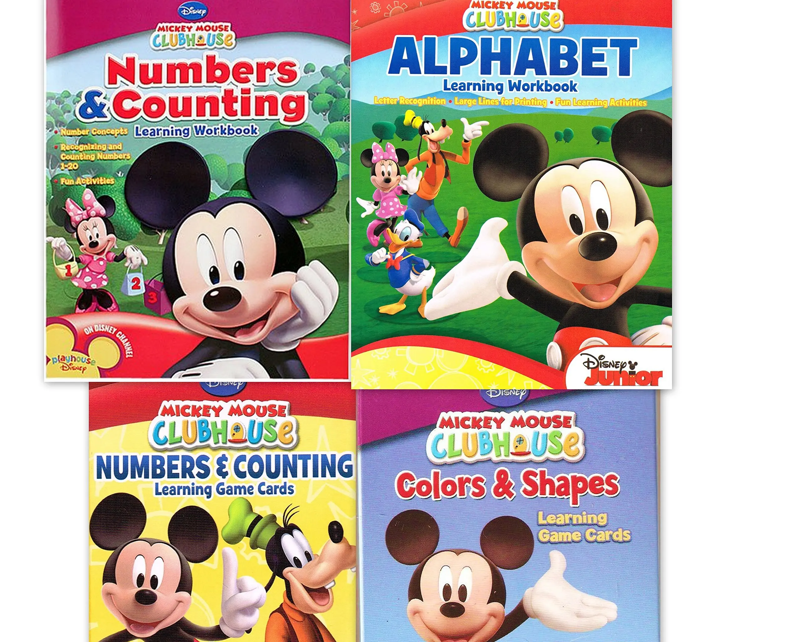 Mickey Mouse Clubhouse Workbook and Flashcard Learning Bundle (Set of 4) includes (1) Numbers & Counting Learning Flash Cards + (1) Colors and Shapes Learning Flash Cards + (1) Alphabet Learning Workbook + (1) Numbers and Counting Learning Workbook by Disney